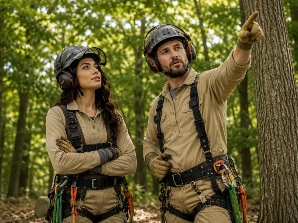 Certified arborists assessing trees in the forest