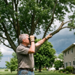 Arborist inspecting a cracked, overextended tree limb hanging over a house before a summer thunderstorm in Hilton NY