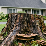Weathered, decaying hardwood tree stump with fungal growth in a residential lawn in Hilton, NY, posing a mower hazard.