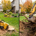 Split-screen comparison showing a track-mounted stump grinder chipping a tree base on the left versus an excavator pulling a full root ball from a trench on the right.